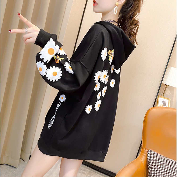 ÁO HOODIE NỮ FORM DÀI RỘNG HỌA TIẾT HOA CÚC HOT TREND 2021