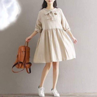 [ORDER] Đầm babydoll trơn cổ sơ-mi thắt nơ
