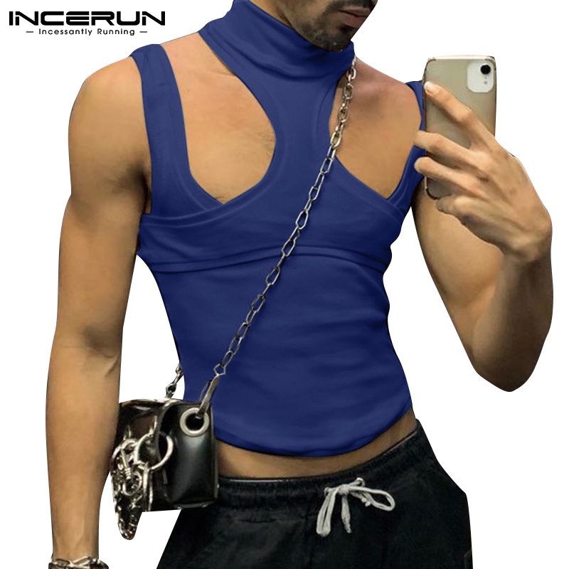 Áo ba lỗ dệt kim INCERUN cổ cao màu trơn thời trang cho nam có 3 màu lựa chọn