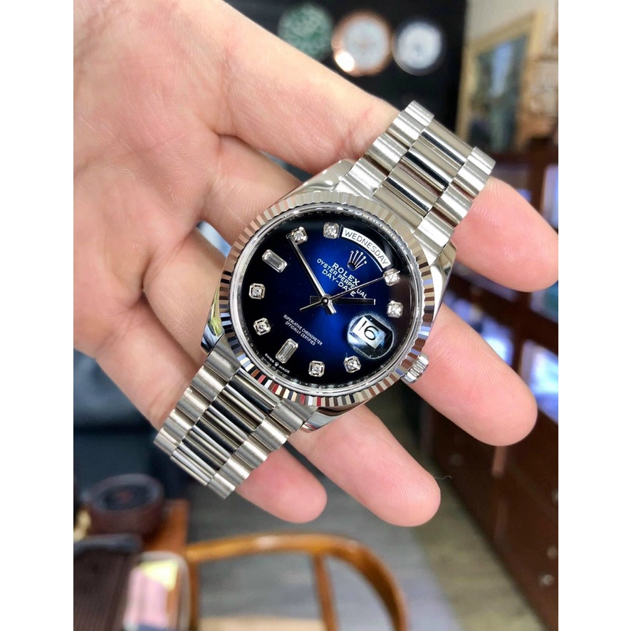 Đồng hồ nam Rolex mặt tròn đính viền đá máy cơ automatic dây kim loại cao cấp