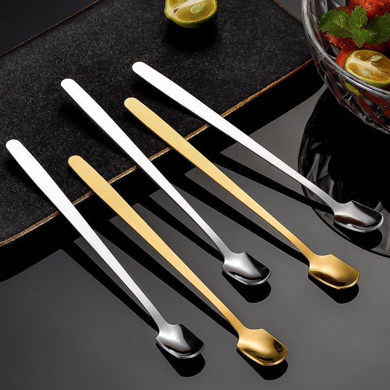 Muỗng cà phê mạ vàng - Thìa inox cán dài 2 kiểu tròn vuông (TVB02) bibi90