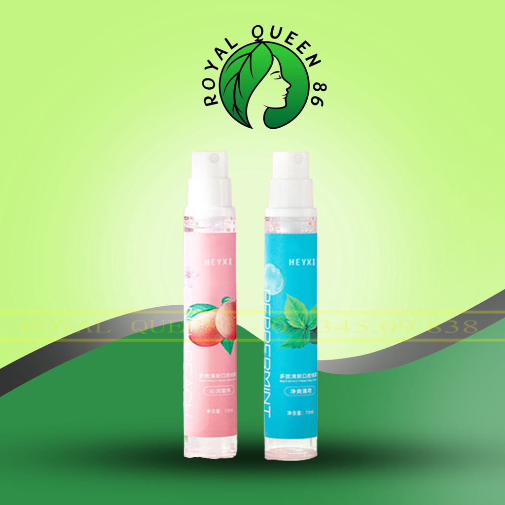 Xịt thơm miệng Heyxi khử mùi hôi miệng vị đào vị bạc hà - Chai xịt miệng 15ml nhỏ gọn tiện lợi