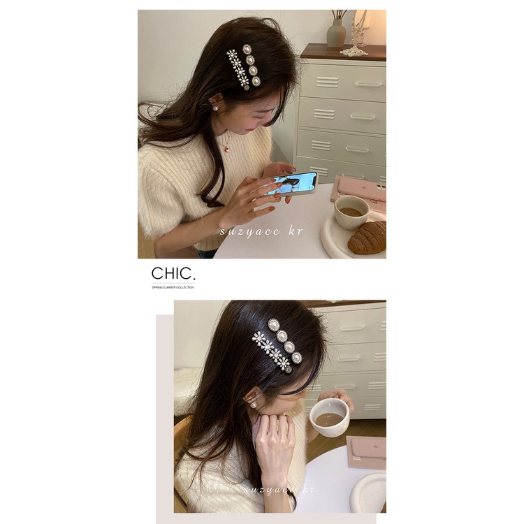 Kẹp tóc chữ nhất đính đá và ngọc trai giả thời trang Hàn Quốc cho nữ