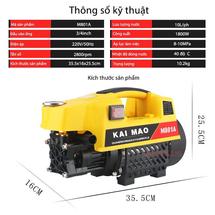 Máy xịt rửa xe mini gia đình mô tơ từ, tự hút nước 1800W Kaimao M801A- Dây 15m, Súng đầu dài, Bình bọt tuyết