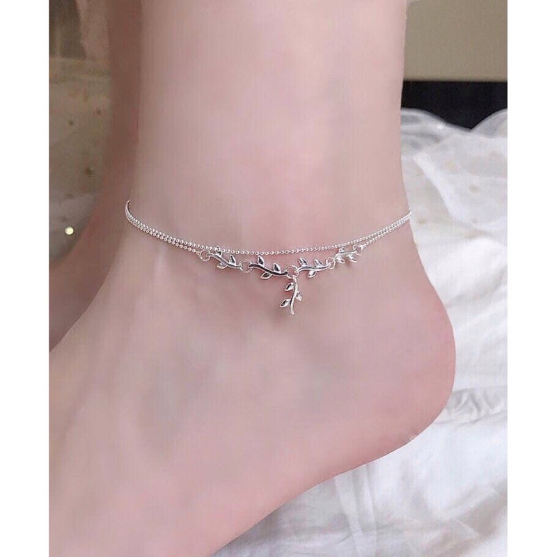 Lắc chân nữ bạc đẹp, vòng đeo chân đôi lá nguyệt quế trang sức bạc 925- Minh Thoa Jewelry