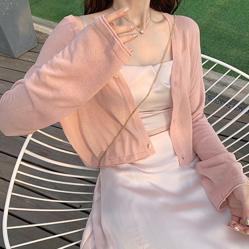 Áo Khoác Cardigan Tay Dài Vải Lụa Mỏng Thời Trang Mùa Hè Cho Nữ