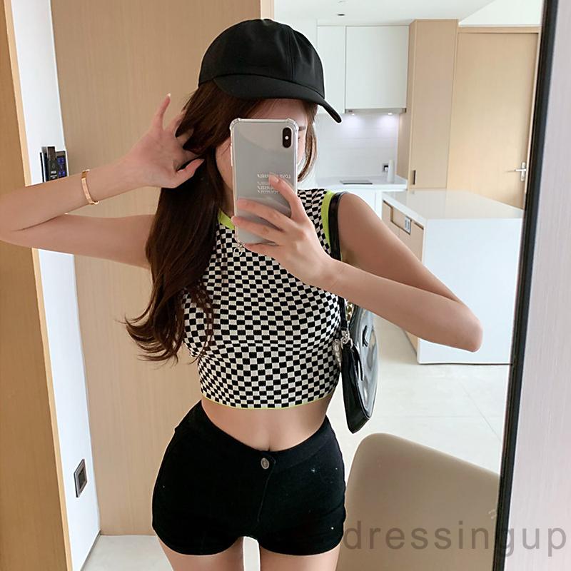 Áo croptop không tay cổ tròn họa tiết kẻ ô dành cho nữ