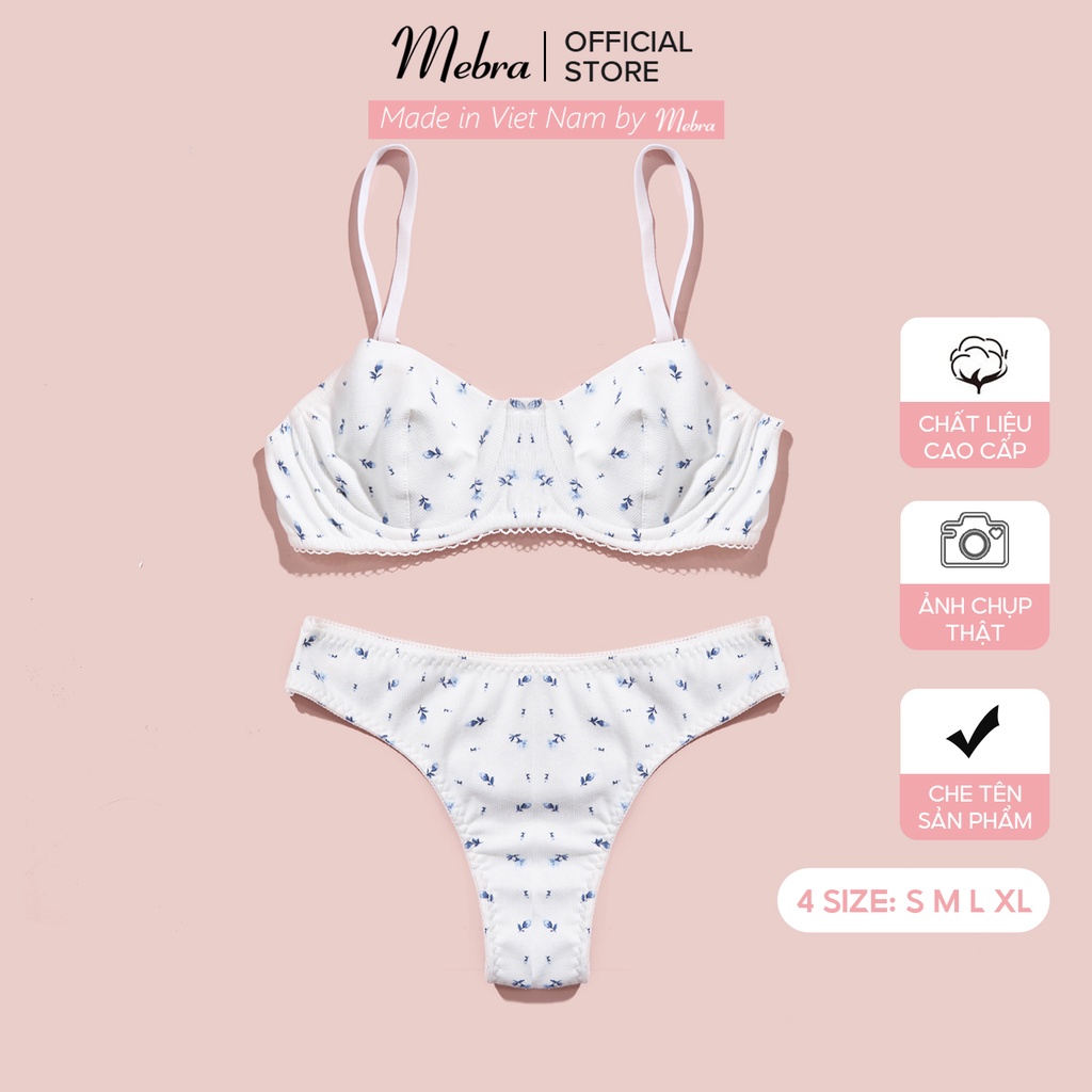 Set bộ đồ lót có gọng hoa nhí xanh nền trắng quần nửa mông thiết kế cao cấp nâng ngực tạo form đẹp Mebra S006