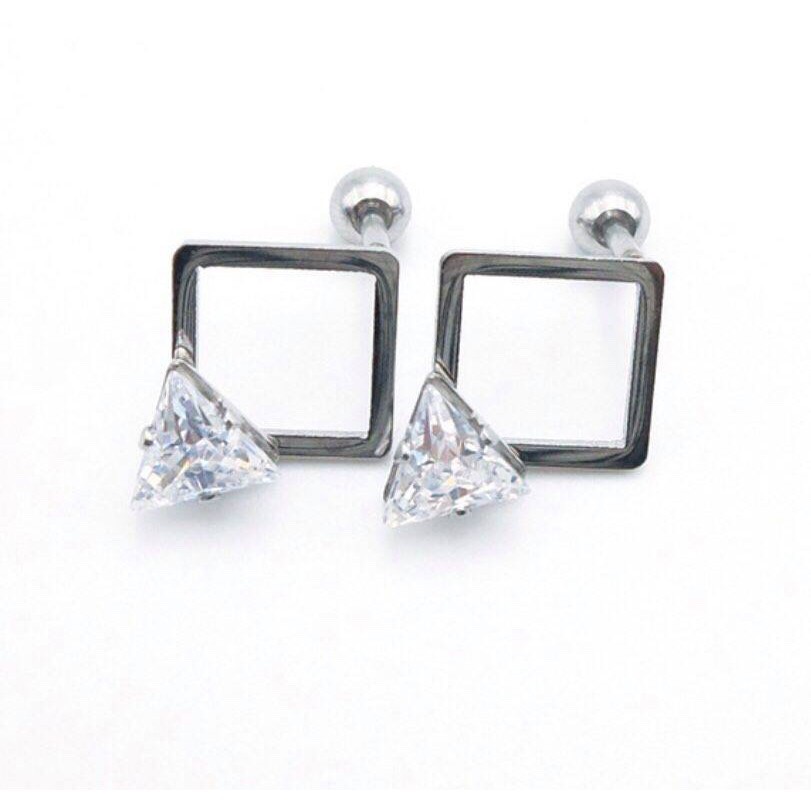 Geometric Quadrilateral Earring khuyên tai titan tứ giác đính đá không gỉ không đen không dị ứng cho nam nữ