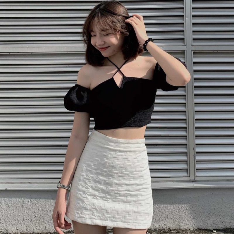 (Ảnh thật Gemma.Closet) Áo trễ vai tay bồng vạt chéo cách điệu hàng 2 lớp