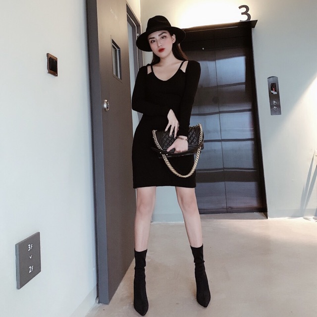 Váy body thun cut vai tay dài ( hình thật )