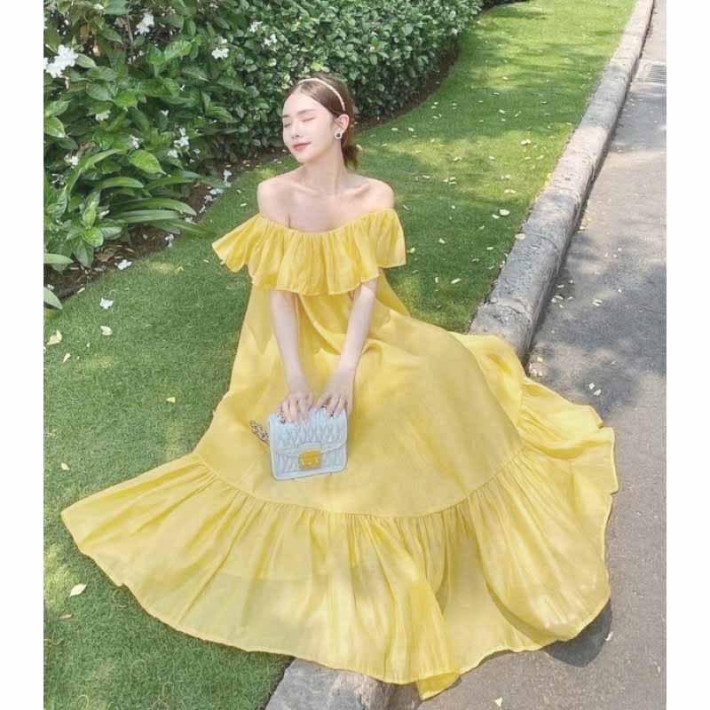Đầm maxi nhún bèo đi biển, chất kate mềm  - MIN Boutiques