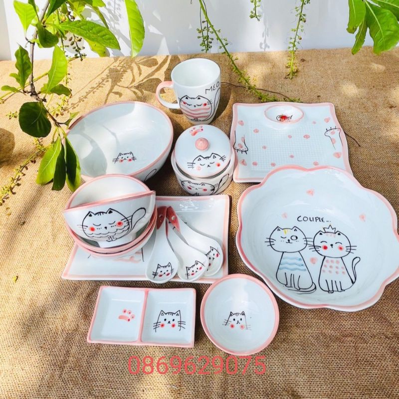 Bộ bát đĩa vẽ hình chú mèo siêu cute bán lẻ.Hàng sứ Bát Tràng.