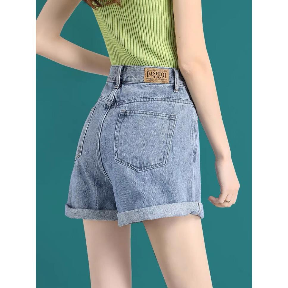 NB Quần short jean nữ BigSize lưng cao trên rốn, co dãn mạnh, xăn lai, màu xanh nhạt rách kiểu dành cho người mập 3868