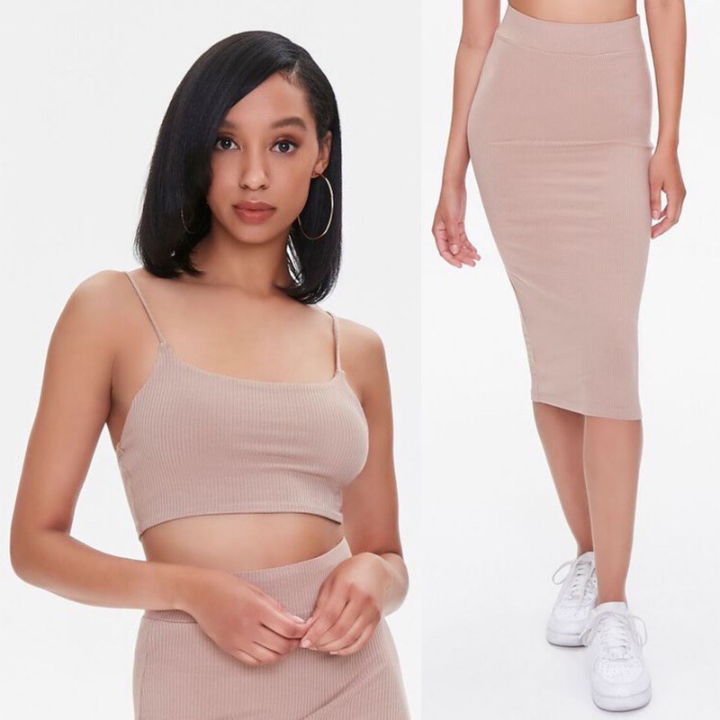 Set Áo Croptop Chân Váy Midi Thun Gân F21