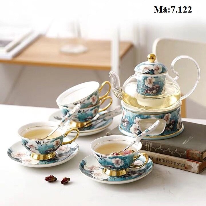 Bộ ấm trà phong cách châu Âu, đế đun làm nóng trà, set bàn trà hoa mộc lan 7.122