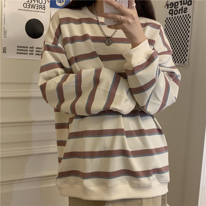 Áo Sweater Mỏng Cổ Tròn Dáng Rộng In Kẻ Sọc Kiểu Hàn Quốc Thời Trang 2022 Cho Nữ
