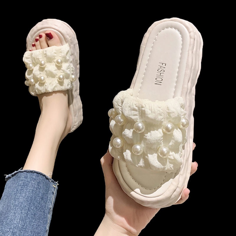 Hàng Có Sẵn ~ Dép Sandal Đế Dày Mềm Mại Đính Ngọc Trai Thời Trang Mùa Hè Bán Chạy Dành Cho Bạn Nữ Mang Ngoài Trời