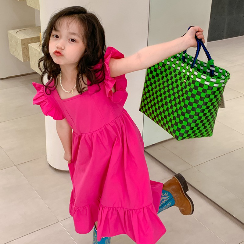 Đầm Tay Bèo Đính Nơ Màu Sắc Dạ Quang Phong Cách Hàn Quốc Cho Bé Gái