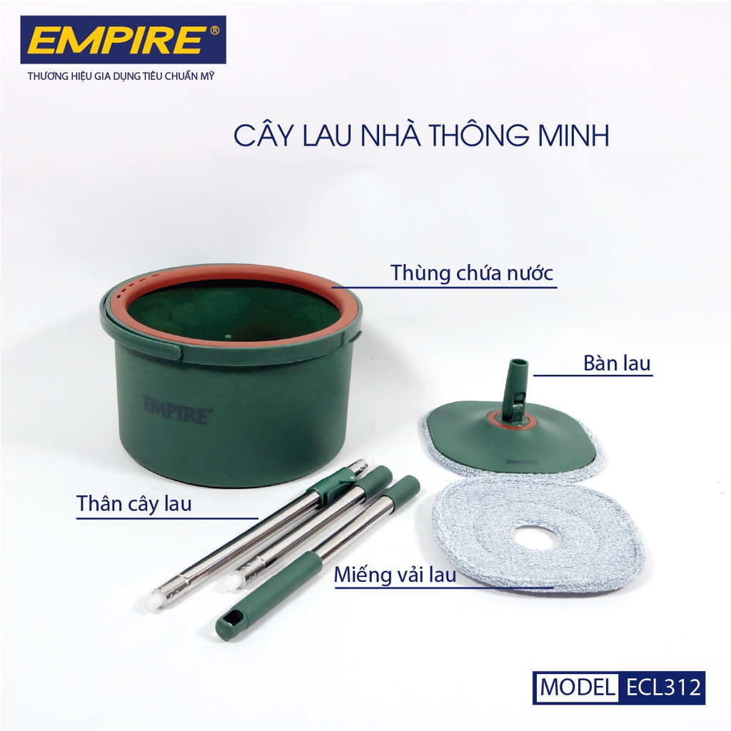 Cây lau nhà Empire, tiết kiệm nước, bông lau hình vuông, gồm 2 bông lau