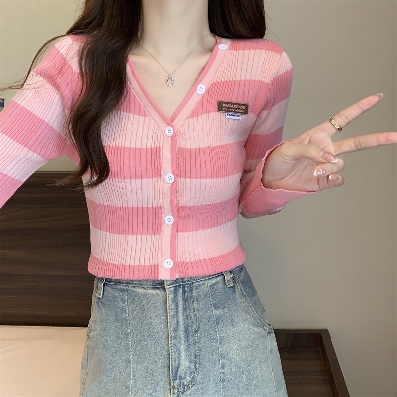 SUXI Áo Cardigan Dệt Kim Kẻ Sọc Dáng Ôm Phong Cách Cổ Điển Thời Trang Quyến Rũ Cho Nữ