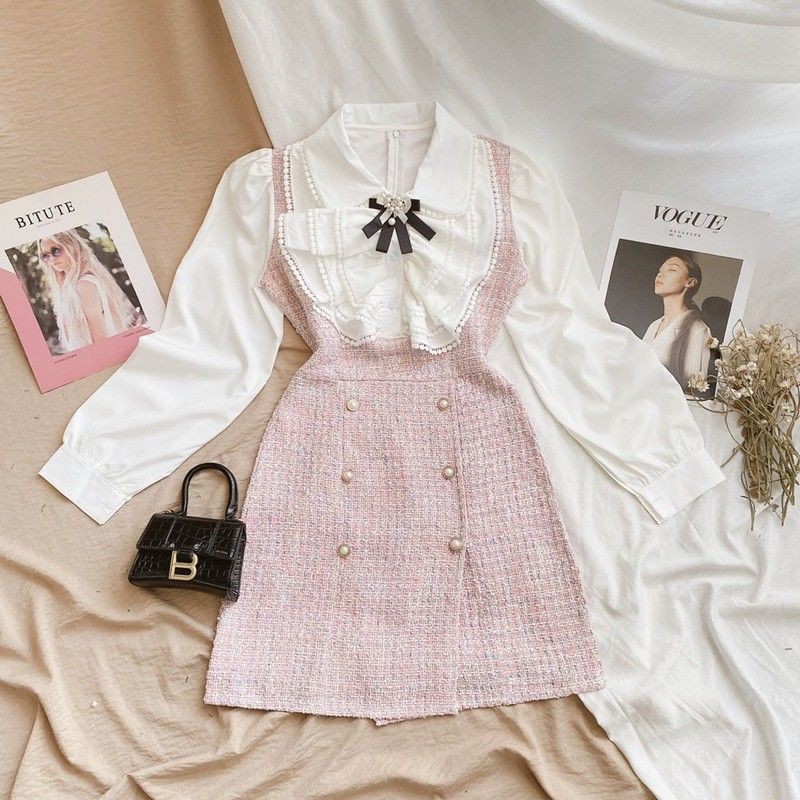 Váy dạ tweed hồng áo sơ mi  tag nơ kẻ hồng kèm ảnh thật MS101