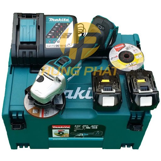 [Hàng chính hãng] Máy mài góc dùng pin Makita DGA408RTJ1 18V. Tặng kèm sạc nhanh + 2pin 5.0Ah + bộ đá mài + thùng Makpac