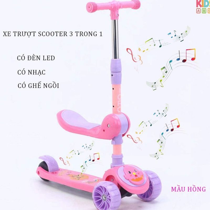 XE TRƯỢT SCOOTER KIÊM XE CHÒI CHÂN CÓ ĐÈN, PHÁT NHẠC, GHẾ NGỒI CHO BÉ