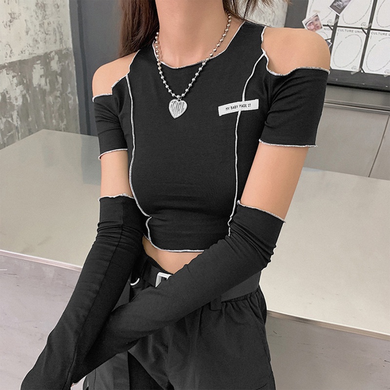 Áo thun croptop khoét lỗ hở vai viền bèo phong cách gothic harajuku thời trang đường phố dành cho nữ