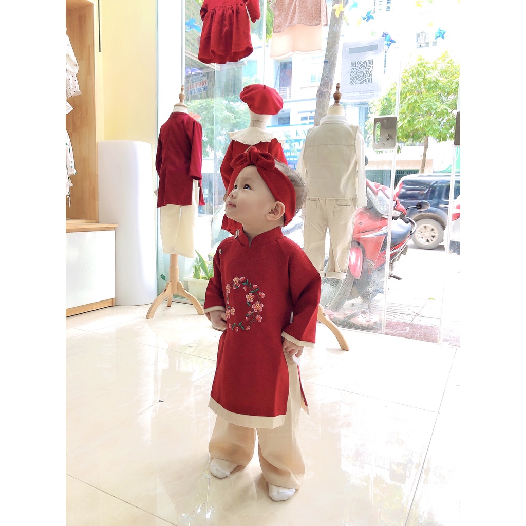 Áo dài cho bé -Set áo dài đỏ, hồng thêu hoa đào mới nhất cho bé của COCANDY mã AD112134, AD112230