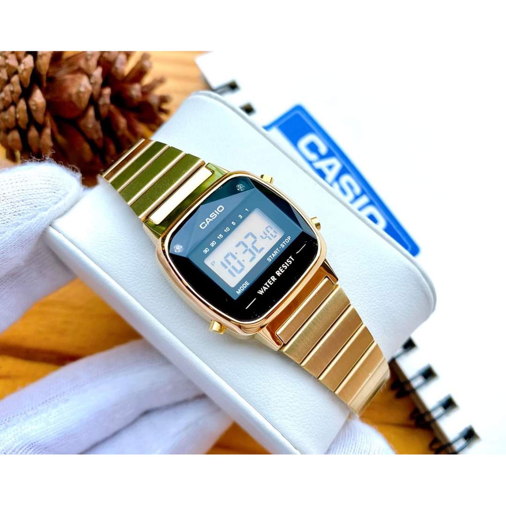 Đồng hồ nam nữ Casio A159WGAD và LA670 kim cương vàng dây kim loại chính hãng cao cấp giá rẻ