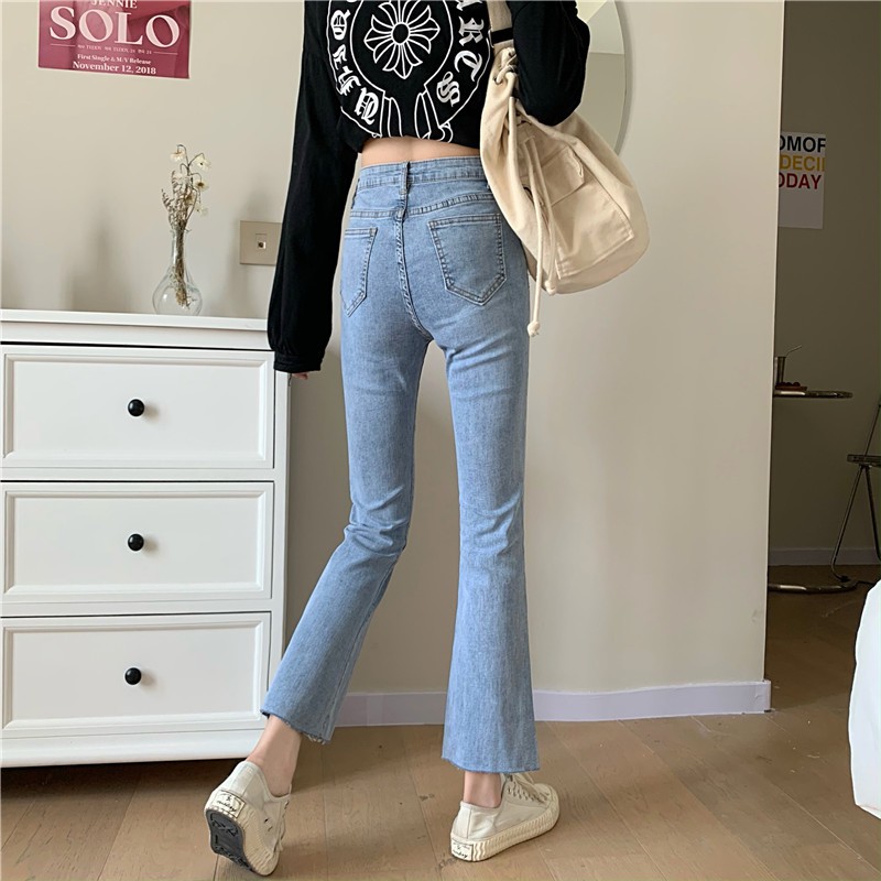  Xiaozhainv Quần jeans dài lưng cao ống loe thời trang Hàn Quốc cho nữ