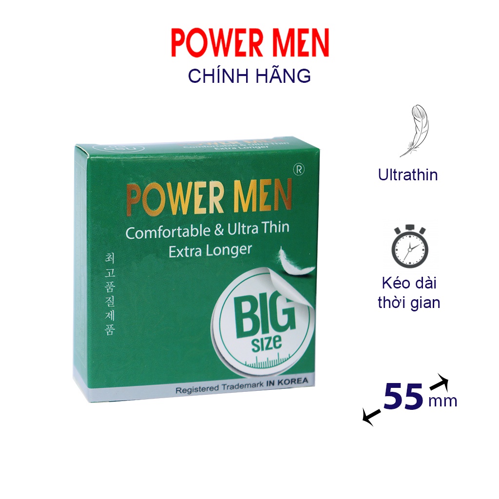 Bao cao su POWER MEN siêu mỏng, kéo dài size lớn 55mm, nhiều gel bôi trơn Hộp 3 bcs