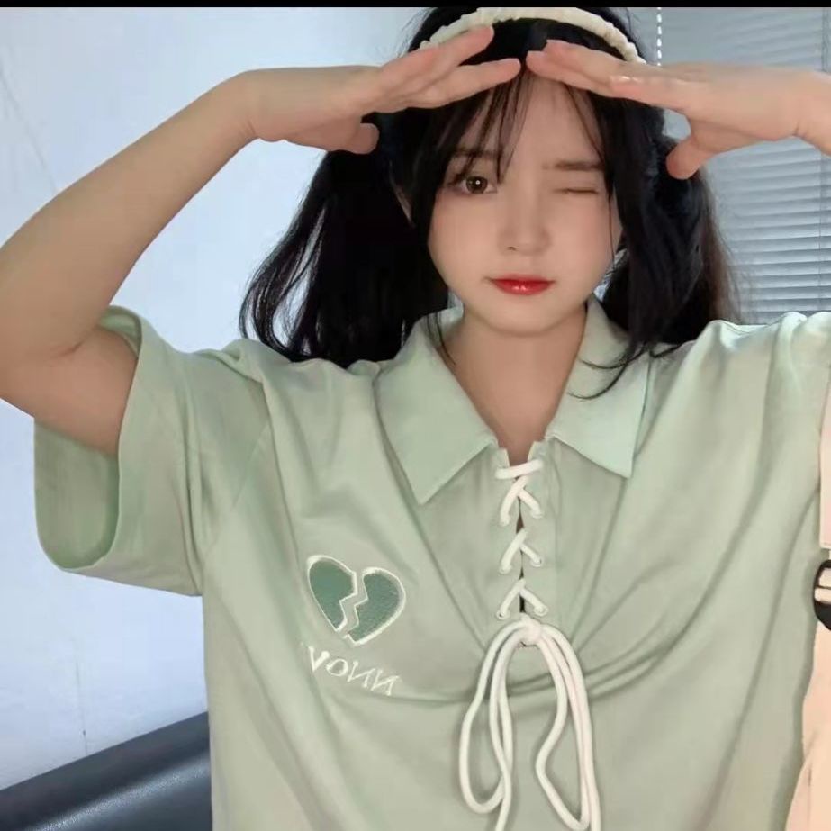 Áo Thun Polo Tay Ngắn Dáng Rộng Có Dây Rút In Hình Trái Tim Vỡ Phong Cách Preppy Ngọt Ngào Dễ Phối Đồ Cho Nam Và Nữ