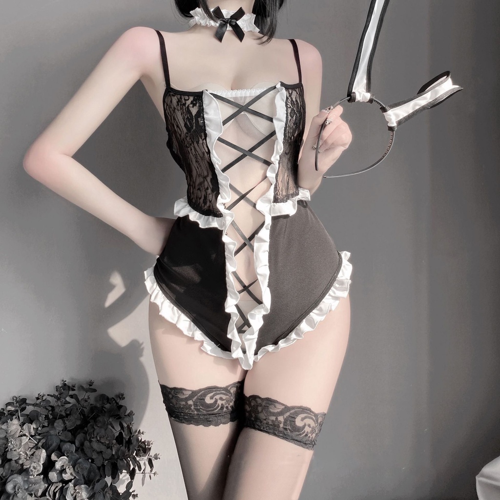Đồ ngủ sexy đồ ngủ nữ cosplay cô thỏ ngọc 2 sexy ren lưới hoa văn màu đen freesize QUENQUEN store a4 | BigBuy360 - bigbuy360.vn