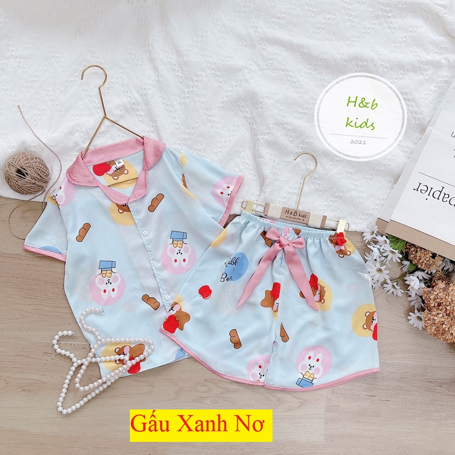 Bộ Mặc Nhà Pijama Lụa Phối Nơ Cao Cấp Tay Cộc Cho Bé Gái - Chất Liệu Lụa mềm Mịn Thoáng Mát