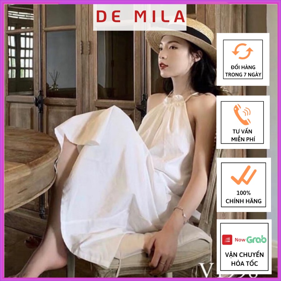 Đầm suông hai dây khoét lưng DE MILA Cao Cấp,Váy Trắng Maxi Cổ Yếm Hở Lưng 2 Lớp Đi Chơi Đi Biển Cực Đẹp- VTD47
