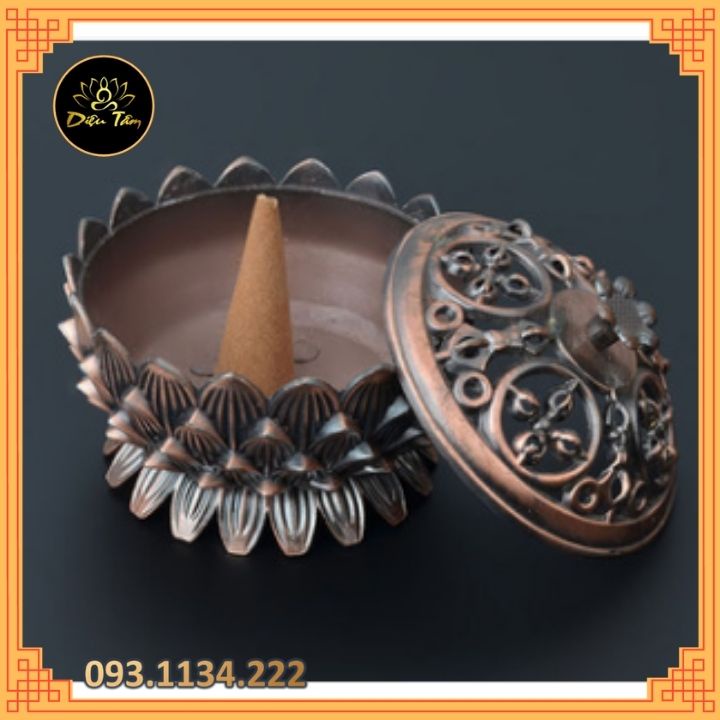 Lư hương đỉnh xông nụ trầm hương màu đồng đỏ lò đốt nhang vòng nhang que đế chân nến phụ kiện thác khói