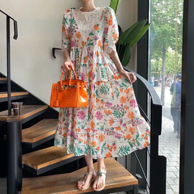 Đầm midi hoa xoè đuôi cá tay bồng Ulzzang(CÓ ẢNH THẬT)