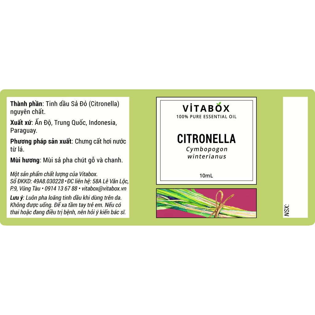 Tinh Dầu Sả Đỏ (Citronella) - 100% Thiên Nhiên Nguyên Chất - Vitabox Natural Essential Oil