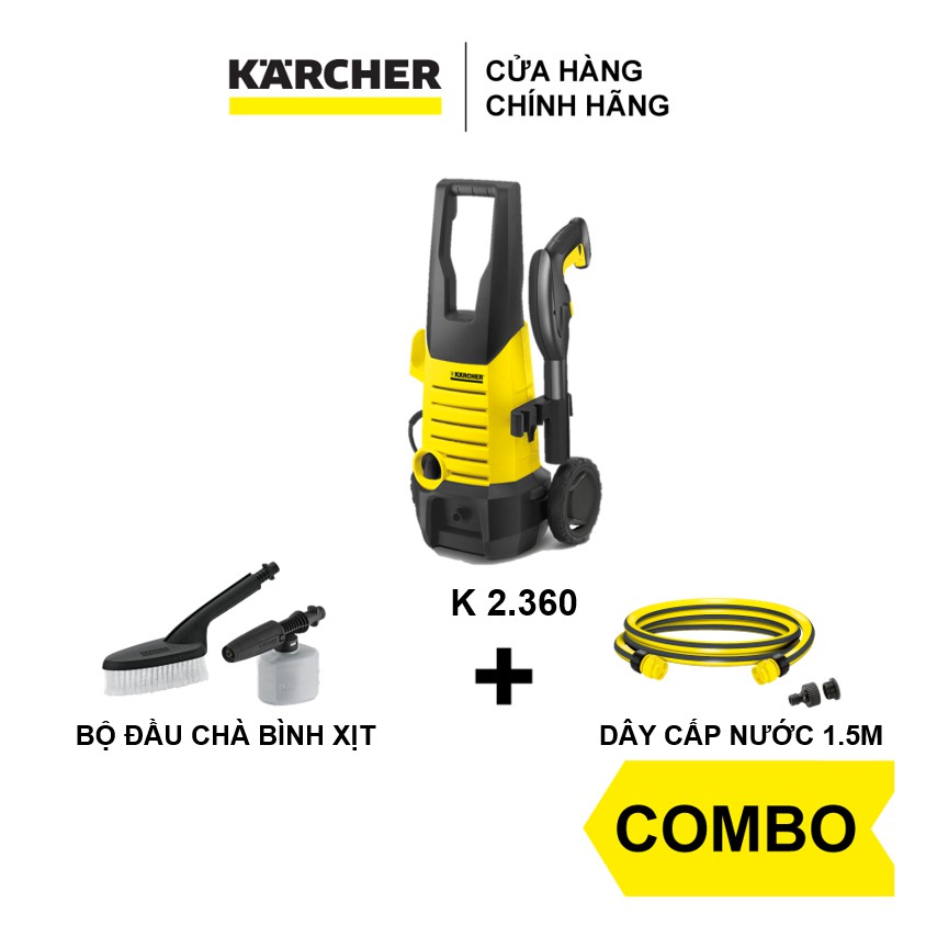 Combo máy phun rửa áp lực cao Karcher K2.360 + Dây cấp nước 1.5m + Bộ đầu chà bình xịt