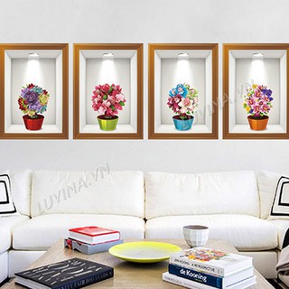 Decal dán tường trang trí phòng khách, quán cafe- Bốn bình hoa sắc màu