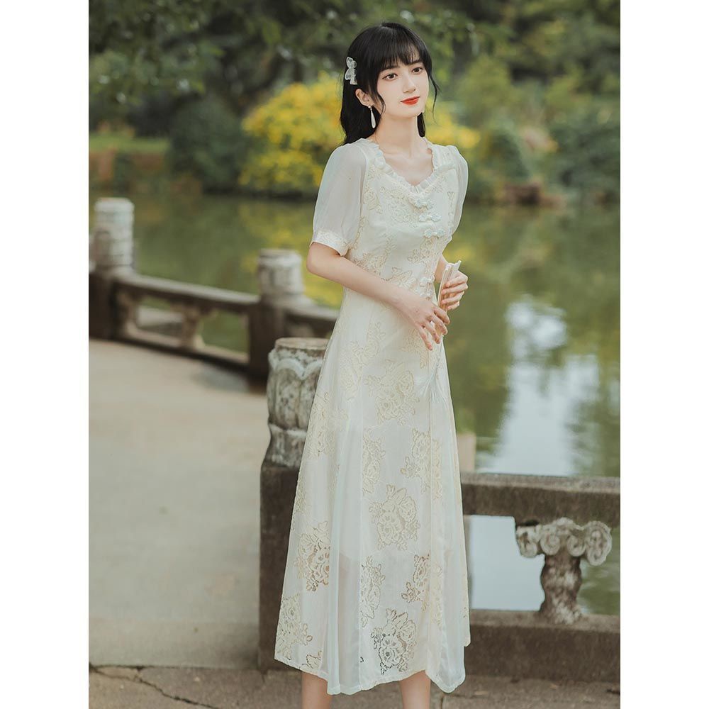 Đầm Sườn Xám Cách Tân Cổ Vuông Phong Cách Retro Pháp