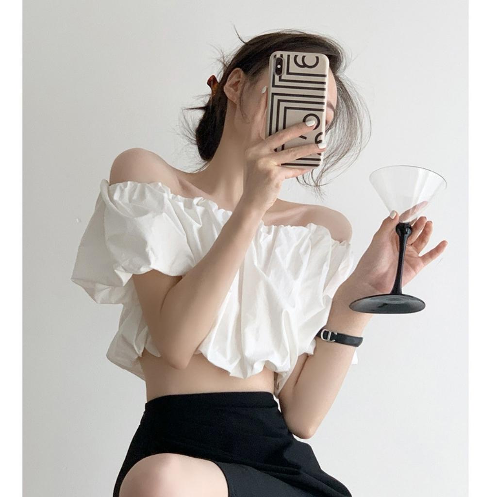 Áo croptop trễ vai tay phồng Xquin áo kiểu nữ bẹt vai tay phồng 2 lớp nhún lưng ôm dáng bánh bèo