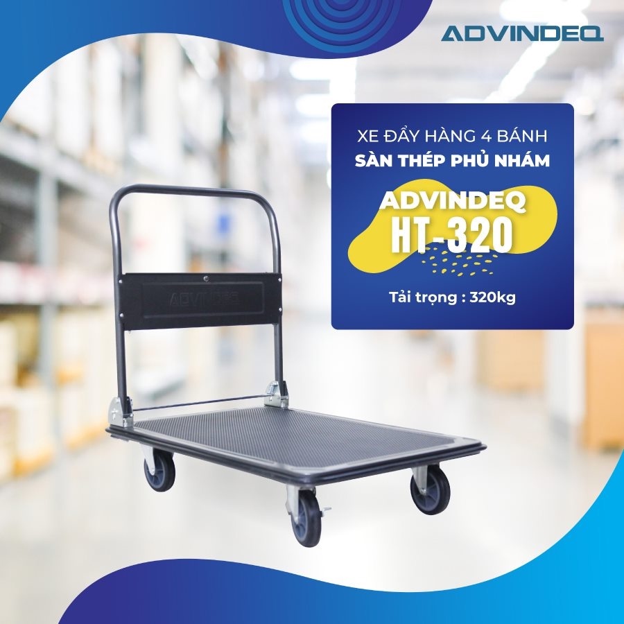 Xe đẩy hàng gấp gọn 4 bánh chở 320kg Advindeq HT-320,xe kéo hàng xếp gọn bánh chống ồn, sàn thép phủ nhám chống gỉ xước