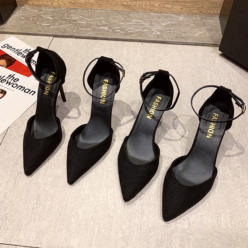 ZTAIXIELUA Giày Cao Gót 7 / 9cm Da Lộn Mũi Nhọn Màu Đen Thời Trang 02285