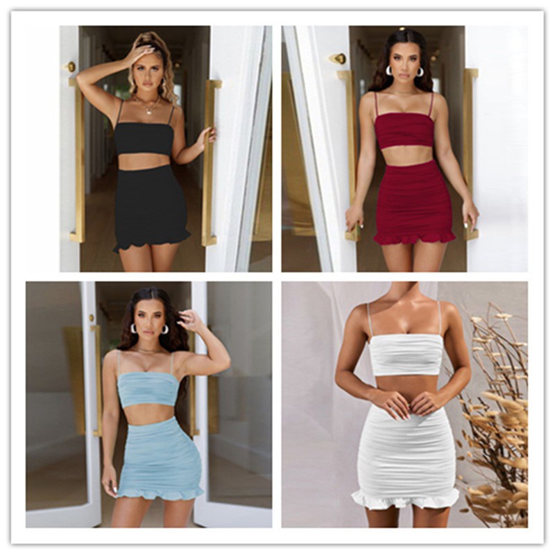 Bộ Áo Croptop Hai Dây Phối Bèo + Chân Váy Ôm Mini Thời Trang Mùa Hè 2020 Cho Nữ | BigBuy360 - bigbuy360.vn
