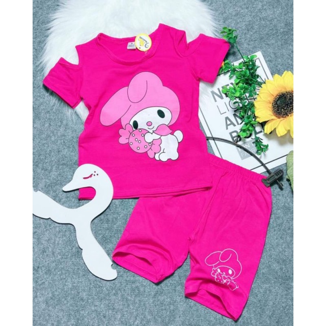 Bộ ngố lửng bé gái trễ vai thun cotton 4 chiều mềm mát