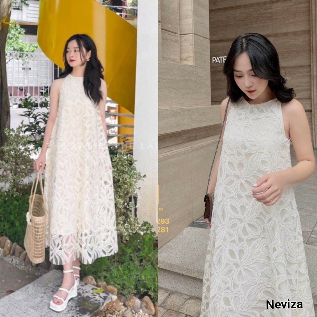 Váy Nữ dáng suông Chất liệu REN cao cấp thiết kế cổ yếm mặc đi tiệc đi chơi cực xinh VN2203