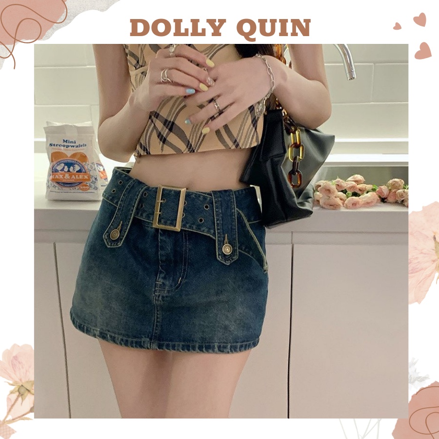 Chân váy bò chữ A cạp cao chân váy jeans ngắn có quần trong kèm đai thời trang cá tính CV006 Dolly Quin